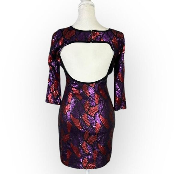 Marciano Bodycon Dress Women's XS Purple Red Sequin Mini Open Back 3/4 Sleeves - Picture 5 of 13
